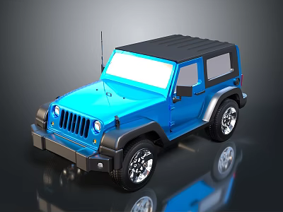 Blue Jeep Style Toy Off Road Vehicle With Black Roof Shiny Wheels And Reflection 3d model