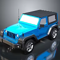 Blue Jeep Style Toy Off Road Vehicle With Black Roof Shiny Wheels And Reflection