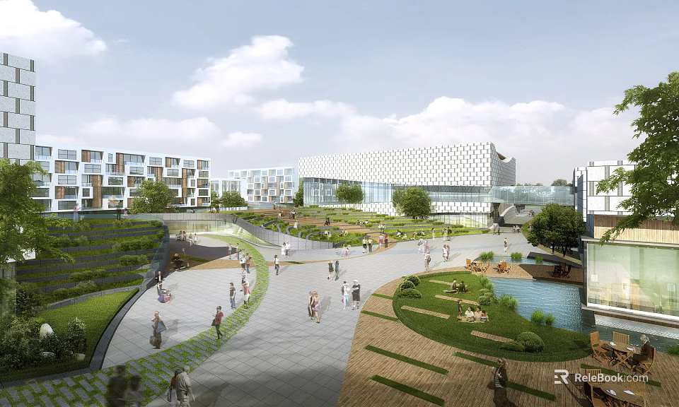 Vibrant Park Landscape with Green Lawns Pathways Water Feature and People Enjoying Outdoor Recreation 3d model 