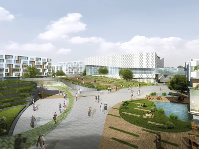 Vibrant Park Landscape with Green Lawns Pathways Water Feature and People Enjoying Outdoor Recreation 3d model