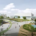 Vibrant Park Landscape with Green Lawns Pathways Water Feature and People Enjoying Outdoor Recreation