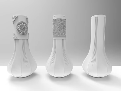 Three Modern White Vases With Decorative Patterns Textured Details And Sleek Lines 3d model
