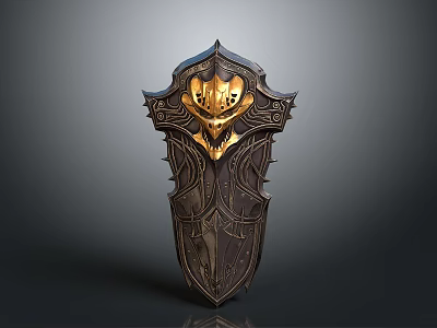 Ornate Medieval Shield with Intricate Engraved Patterns Gold Accents and Dark Metal Base 3d model