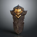 Ornate Medieval Shield with Intricate Engraved Patterns Gold Accents and Dark Metal Base