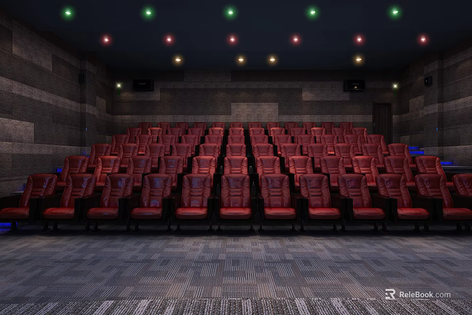 Cinema Interior With Red Seats Dark Walls And Colorful Ceiling Lights 3d model 