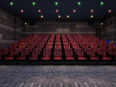 Cinema Interior With Red Seats Dark Walls And Colorful Ceiling Lights 3d model