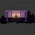 Cartoon Ancient Temple Scene With Pink Building Columns Stairs And Rocky Surroundings Lit By Lights