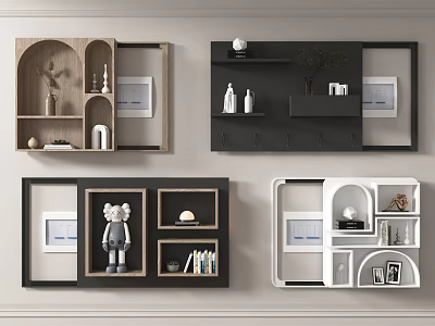Modern Wall Cabinets With Wooden Black White Designs And Open Shelves Decorative Items 3d model