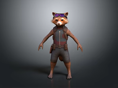 Raccoon Wearing Goggles Vest And Shorts In Full Body Standing Pose 3d model