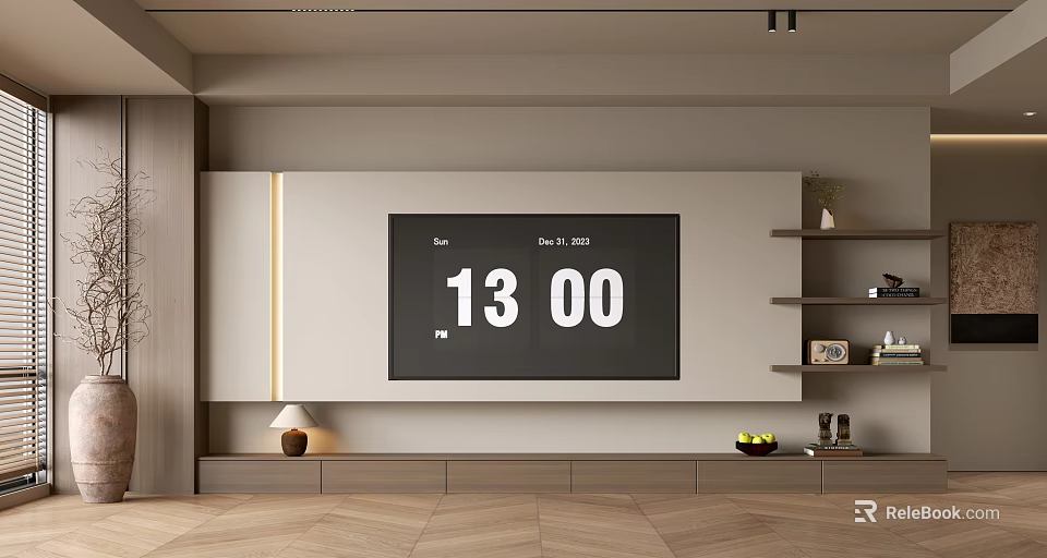 Modern TV Wall Design With Wooden Shelves TV Console And Decorative Accents 3d model 