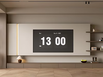 Modern TV Wall Design With Wooden Shelves TV Console And Decorative Accents 3d model