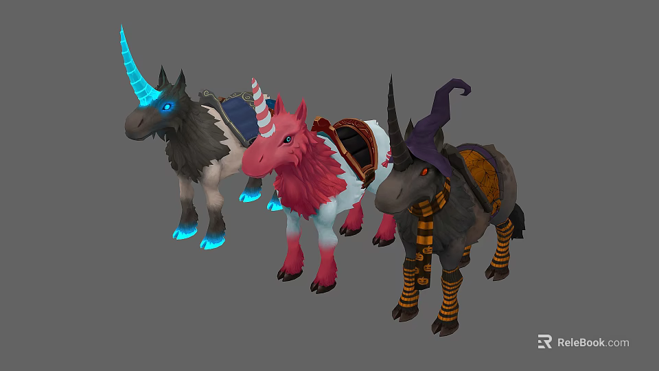 Fantasy Creature Mounts With Glowing Horns Striped Hats And Wizard Hats 3d model 