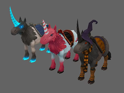 Fantasy Creature Mounts With Glowing Horns Striped Hats And Wizard Hats 3d model