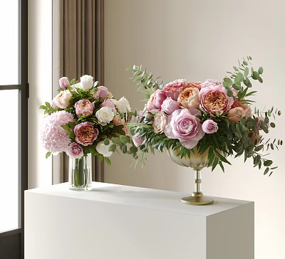 Pink Peonies White Roses With Green Leaves In Glass And Brass Vases On White Pedestal 3d model