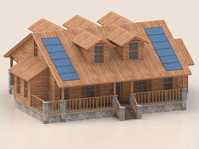 Detached Villa With Wooden Structure Solar Panel Roof Porch And Stone Base Windows 3d model