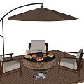Outdoor Patio Round Wooden Table and Chairs with Curved Umbrella and Lantern