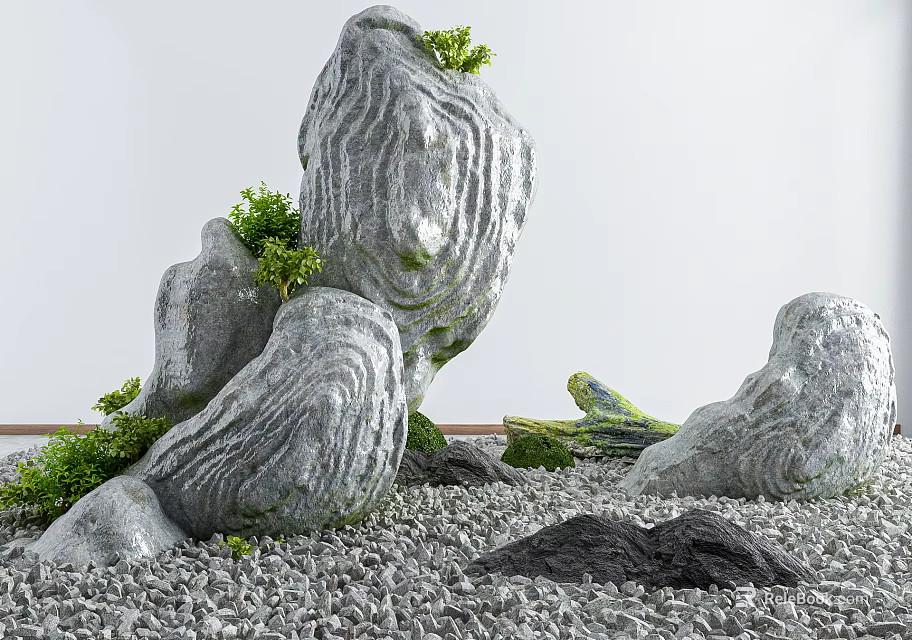 Natural Stone And Wood Decorative Scene With Textured Rocks Green Plants And Gravel Ground 3d model 