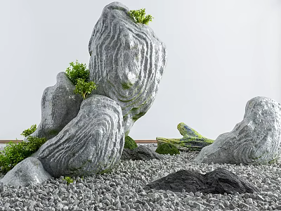 Natural Stone And Wood Decorative Scene With Textured Rocks Green Plants And Gravel Ground 3d model