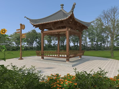 Traditional Chinese Style Pavilion In Park With Greenery Sunflowers Signpost And Paved Ground 3d model