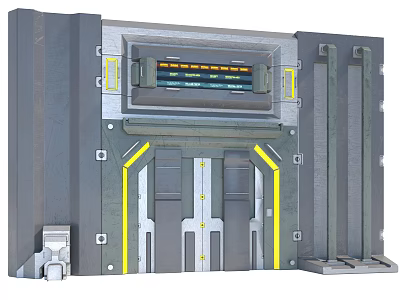 Futuristic Entrance Gate With Metallic Structure Digital Display And Yellow Accent Lines 3d model