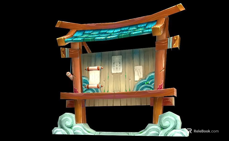 Traditional Japanese-style Wooden Structure With Green Tile Roof Hanging Scrolls And Wave Base 3d model 