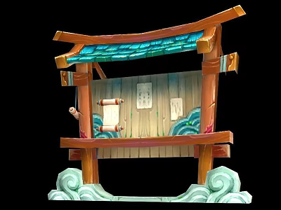 Traditional Japanese-style Wooden Structure With Green Tile Roof Hanging Scrolls And Wave Base 3d model