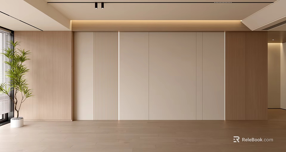 Modern Minimalist Sofa Wall Design With Wooden Panels And Beige Tones 3d model 
