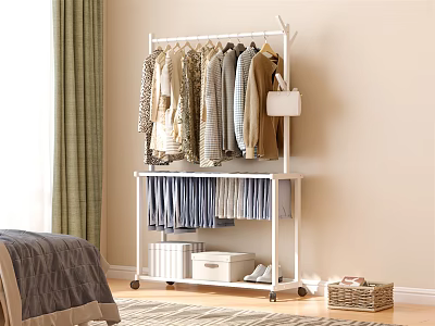 White Clothes Rack With Hanging Coats Shirts Pants And Storage Shelf Drawers Boxes In Bedroom 3d model