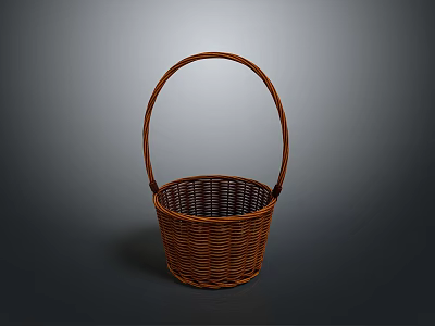 Brown Handwoven Wicker Basket With Curved Handle For Daily Household Use 3d model