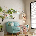 Cute Dolls On Cloud Shaped Shelves In Kids Room With Light Blue Sofa And Pink Blanket