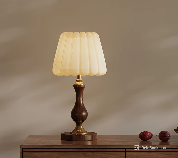 Table Lamp With White Lampshade Wooden Base Golden Accents And Red Decorative Items On Table 3d model 