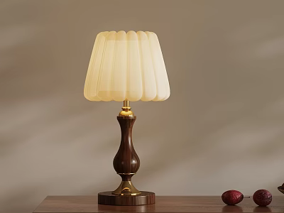 Table Lamp With White Lampshade Wooden Base Golden Accents And Red Decorative Items On Table 3d model