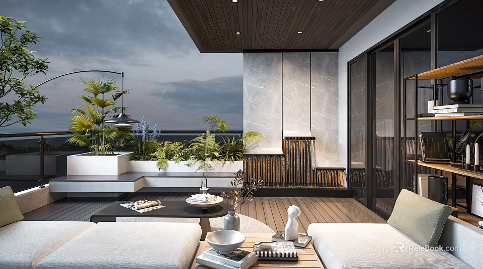 Modern Home Balcony Interior With Green Plants Outdoor Sofa Coffee Table And Wooden Floor 3d model 