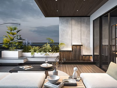 Modern Home Balcony Interior With Green Plants Outdoor Sofa Coffee Table And Wooden Floor 3d model