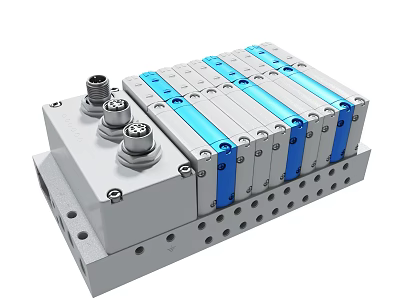 Industrial Hydraulic Manifold Block With Multiple Blue Valves Silver Base And Connecting Ports 3d model