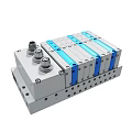 Industrial Hydraulic Manifold Block With Multiple Blue Valves Silver Base And Connecting Ports