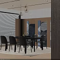 Modern Black Dining Table Set With Six Chairs On Round Rug And Wooden Wall Blinds