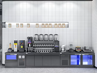 Bubble Tea Shop Interior With White Tile Walls Black Counter And Milk Tea Making Equipment 3d model