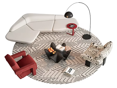 White Sofa and Black Coffee Table Set with Red Armchair Patterned Chair and Geometric Rug 3d model