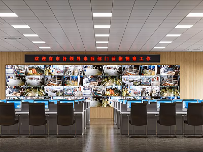 Modern Security Control Room With Multiple Surveillance Screens Control Workstations And Rows Of Seats 3d model