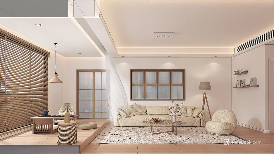 Modern Living Dining Room Interior With Beige Sofa Round Pouf Wooden Floor And Rug 3d model 