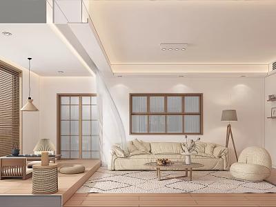 Modern Living Dining Room Interior With Beige Sofa Round Pouf Wooden Floor And Rug 3d model