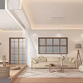 Modern Living Dining Room Interior With Beige Sofa Round Pouf Wooden Floor And Rug