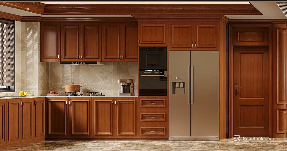 Classic Wooden Kitchen Interior With Brown Cabinets Stainless Steel Refrigerator Oven And Coffee Maker 3d model 