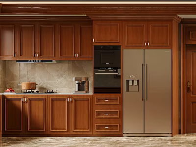 Classic Wooden Kitchen Interior With Brown Cabinets Stainless Steel Refrigerator Oven And Coffee Maker 3d model