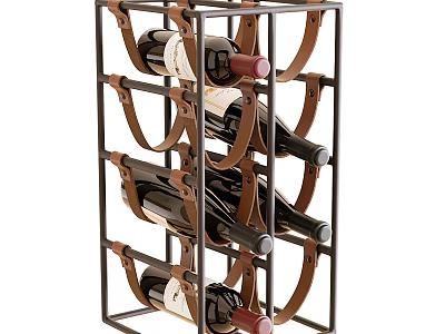 Modern Wine Rack With Metal Frame And Leather Straps Holding Wine Bottles 3d model