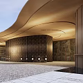 Modern Entrance Gate Design With Curved Roof Stone Panel Lighting And Palm Trees