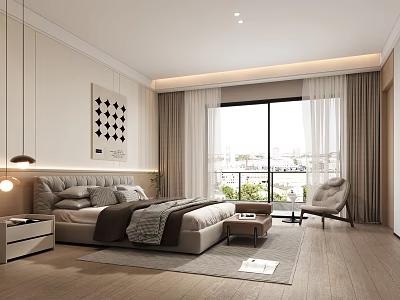Modern Bedroom Interior With Bed Nightstand Floor-to-Ceiling Window Beige Curtains Area Rug and Wall Art 3d model