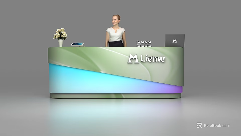 Stylish Reception Desk With Gradient Green Blue Design Liemu Logo And Receptionist 3d model 