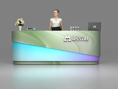 Stylish Reception Desk With Gradient Green Blue Design Liemu Logo And Receptionist 3d model